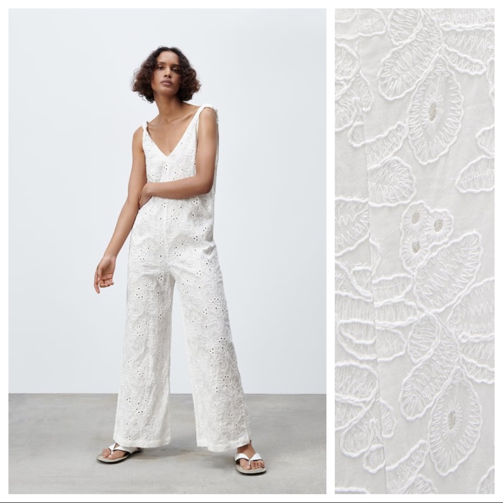 Zara White Broderie Anglaise Wide-Leg Jumpsuit - Picture 2 of 10